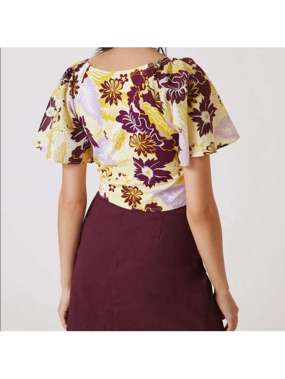 Anthropologie Maeve Cinched Flutter Sleeve Floral Top Yellow Purple Medium Boho - Picture 2 of 13